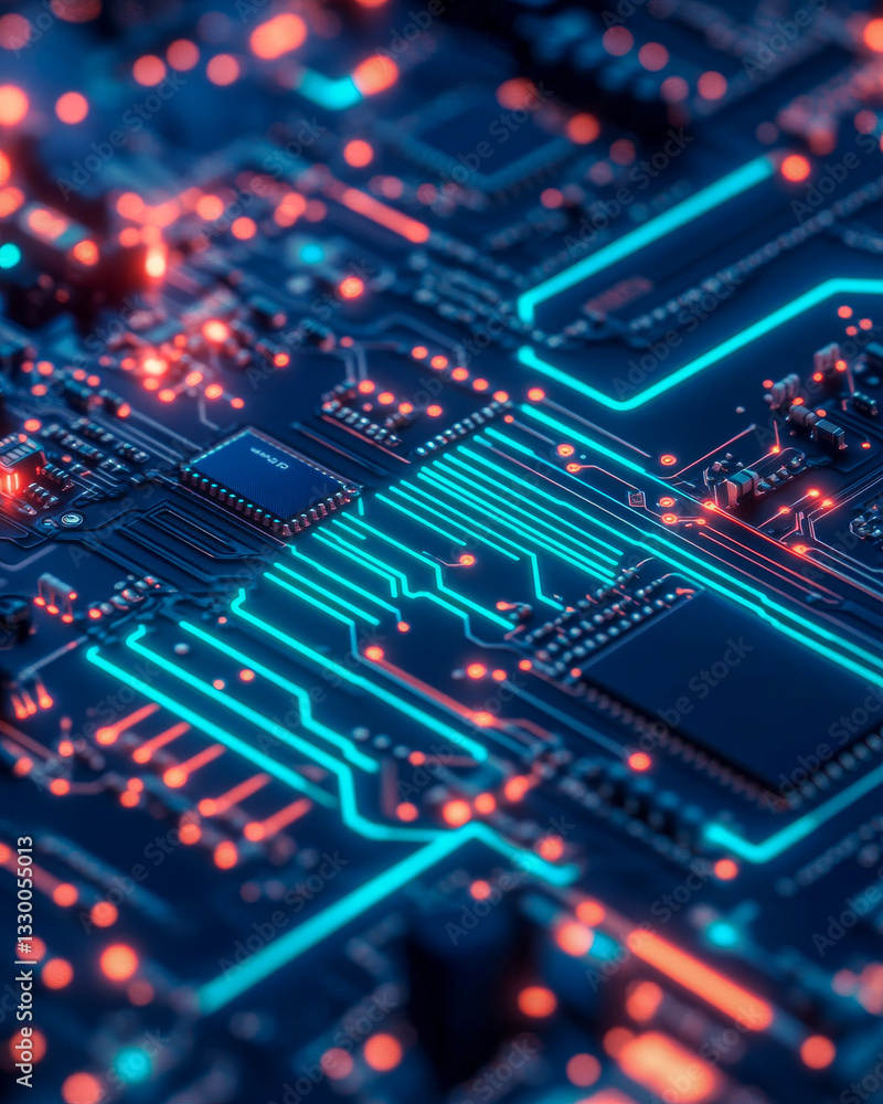 Poster close-up of a glowing circuit board with cyan and red lights, showcasing intricate electronic compon