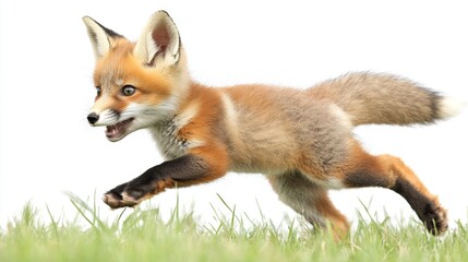 Fototapeta premium Baby fox running through grass meadow gigapixel image natural environment close-up wild animal adventure