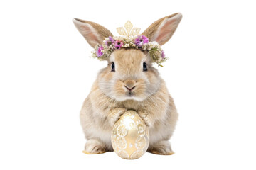 Obraz premium Cute bunny wearing floral crown and holding decorative egg for Easter celebration