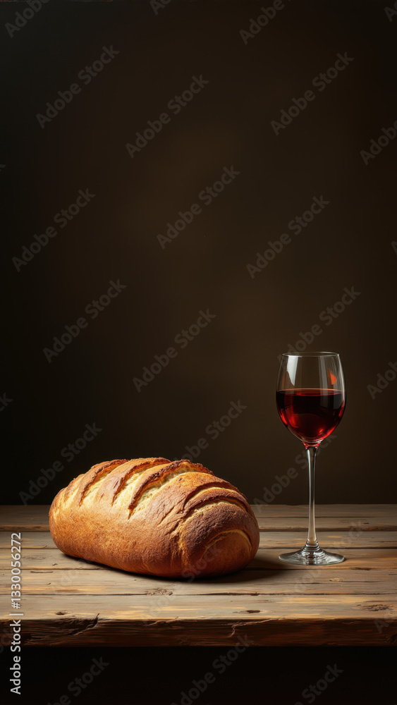 Poster a rustic setting with a loaf of bread and a glass of wine on a table, representing christian themes 