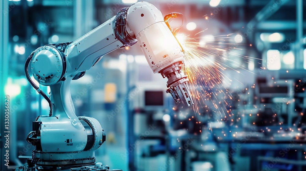 Aufkleber advanced robotic arm system in welding process with sparks