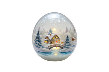 Winter wonderland scene in a decorative snow globe featuring a cozy house and bridge
