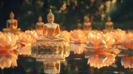 Buddha statue in meditation surrounded by lotus flowers on calm water, traditional Vesak festival in Buddhism