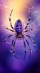 Spider on Web with Raindrops and Colorful Background