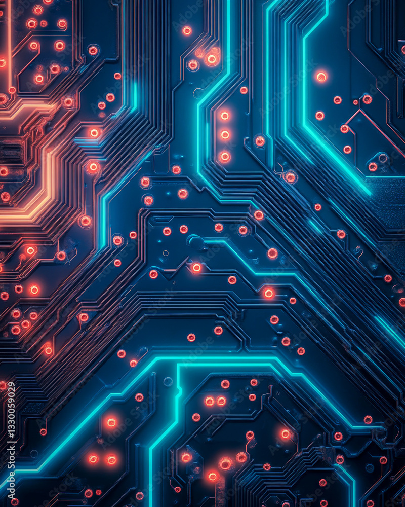 Poster close-up of a glowing circuit board with cyan and red lights, showcasing intricate electronic compon