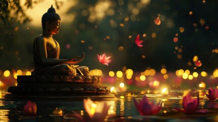 Buddha statue in meditation surrounded by lotus flowers on calm water, traditional Vesak festival in Buddhism