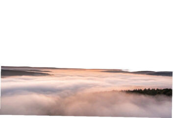 Captivating landscape at dawn showcasing mist over mountains and forests in soft pastel hues for tranquil settings