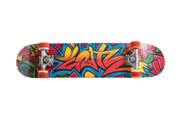 Colorful skateboard deck design featuring vibrant graffiti art and a playful theme for urban sports and activities