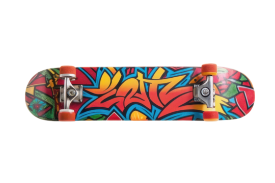 Colorful skateboard deck design featuring vibrant graffiti art and a playful theme for urban sports and activities