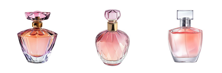 Set of bottle of perfume, perfume, a pink and purple bottle of perfume isolated on a transparent background