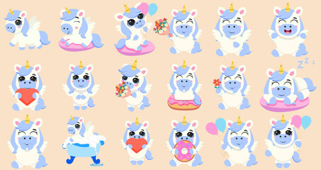 A set of cute stickers with a blue unicorn pony with wings depicting different emotions and actions: heart, flowers, glasses, donut, swimming, sleeping, etc. Suitable for kids content, stickers, messe