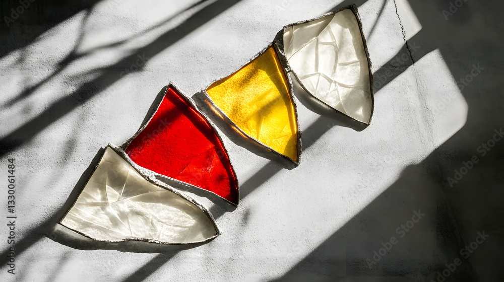 Poster a group of three vibrant flags displayed against a dramatic backdrop with shattered shapes and vivid