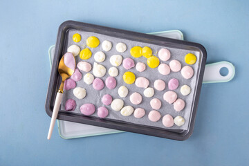 Frozen yogurt melts, mixed berry yoghurt drops, kids-friendly sweet healthy snack, quick baby food snack, tasty ice cream bites, copy space