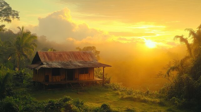 a poor bribri house in lush costa rican jungle, bribri, wide shot, golden hour, cinematic 