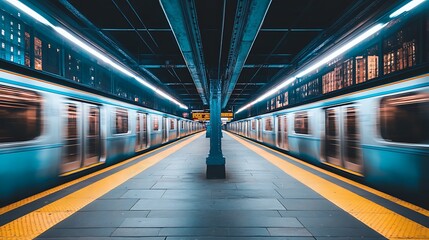 A view from inside a subway station, with a moving train