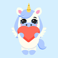 Cute unicorn with blue mane and golden horn holding a big red heart. Perfect for Valentine's Day, love-themed designs, greeting cards, stickers, nursery art, and adorable merchandise