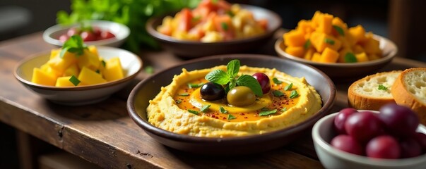 Table adorned with Mediterranean cuisine, colorful dishes, olives, hummus, bread, tapas, hummus, food