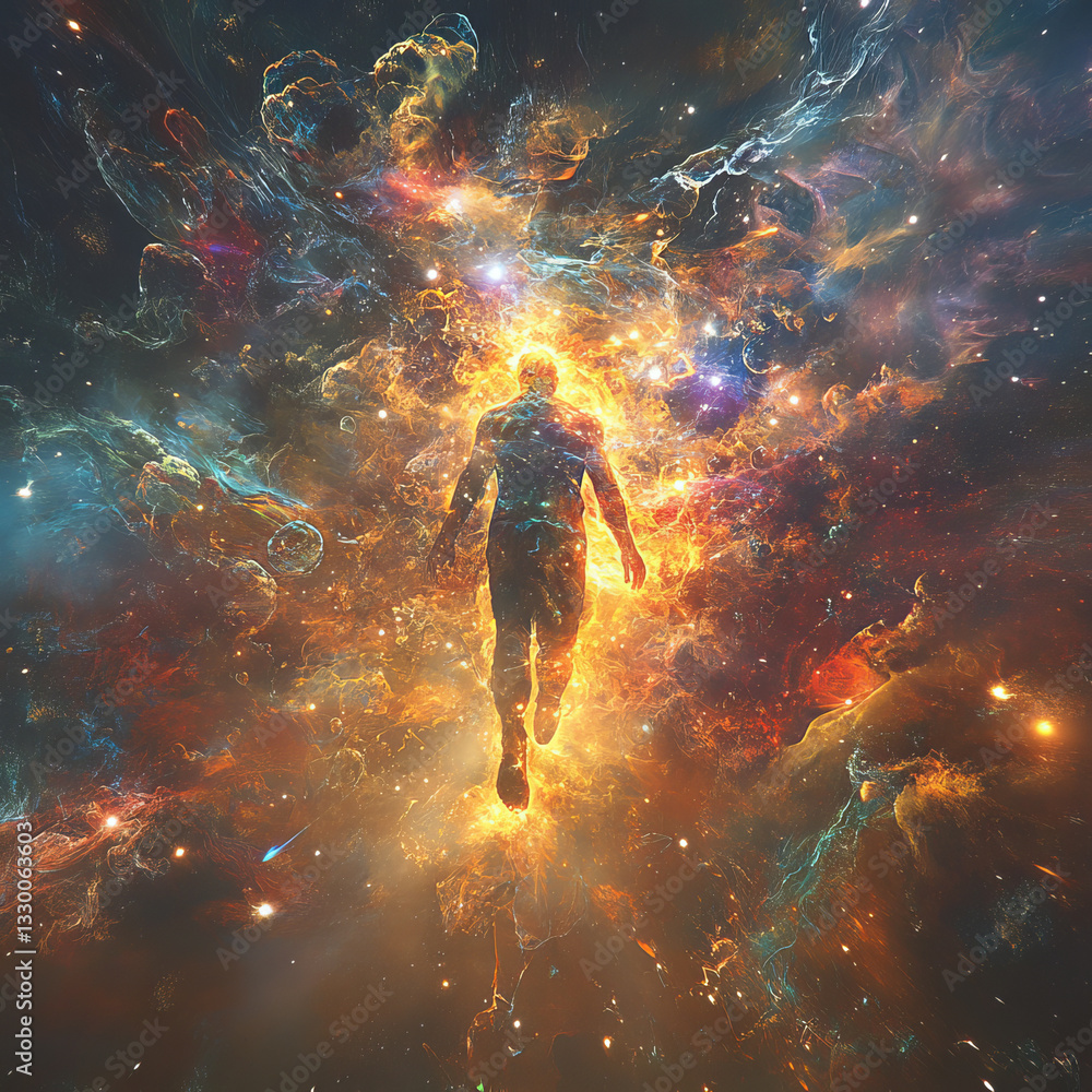 Poster the image shows a man running through a nebula filled with stars and nebulas