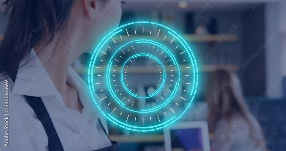 Poster digital interface animation over person working in modern office environment
