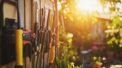 Obraz premium Tools Hanging on Rack in Bright Garden Shed