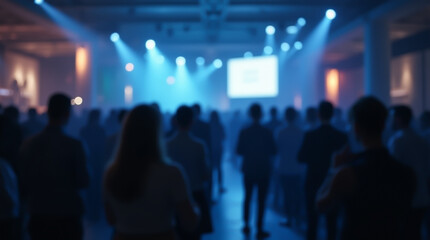 Naklejka premium A blurred image of an audience gathered in a conference hall illuminated by blue light