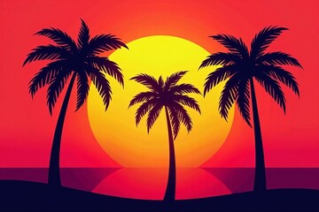 Three vector palm tree silhouettes in varied heights against a sunset backdrop, sunset, silhouette
