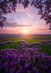 Obraz premium Pastel rays highlight rolling purple meadows, conjuring feelings of wonder.