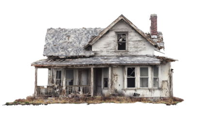 an old house with a broken roof and a broken window Cutout and isolated and transparent background image