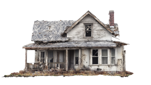 an old house with a broken roof and a broken window Cutout and isolated and transparent background image