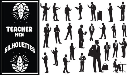 Diverse Male Teacher Silhouette Set – School Staff, Lesson Planning, and Student Interaction Concepts