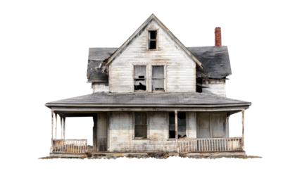 an old house with a broken roof and a broken window Cutout and isolated and transparent background image