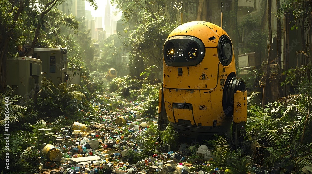 Poster futuristic eco friendly robots sorting garbage in lush forest clearing