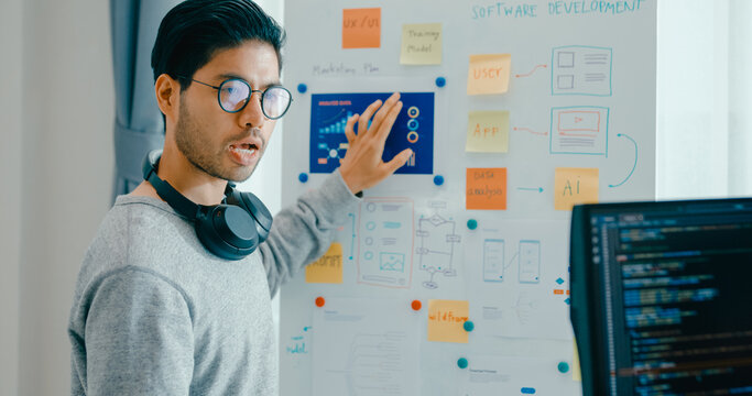 Group adult Asia male female software developers mentor leader manager talk strategy plan to executive write prompt AI bot IT app program nomad, video game, data center. Whiteboard slideshow code.