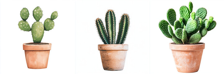 Set of cactus plant on terracotta pot, cactus in a pot isolated on a transparent background