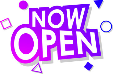 purple now open sign and poster with geometric shape elements for retail, shop, online marketing