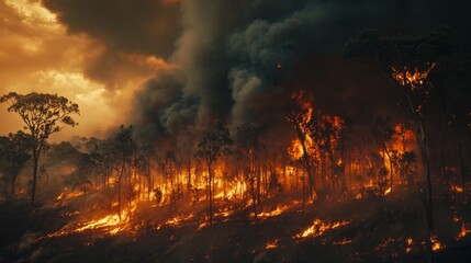 Obraz premium Massive wildfire spreading forest region gigapixel image aerial environment wide-angle viewpoint nature's fury