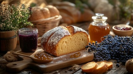 Rustic Bread Loaf With Honey Jam And Grapes