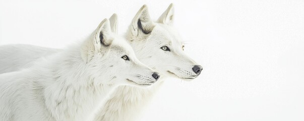 Two majestic white wolves in serene environment. © Aris Suwanmalee