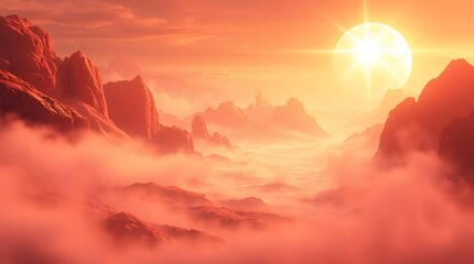 A stunning view of sun rising over a misty mountain landscape, with glowing clouds and a warm orange hue filling the atmosphere, creating a tranquil and surreal atmosphere.