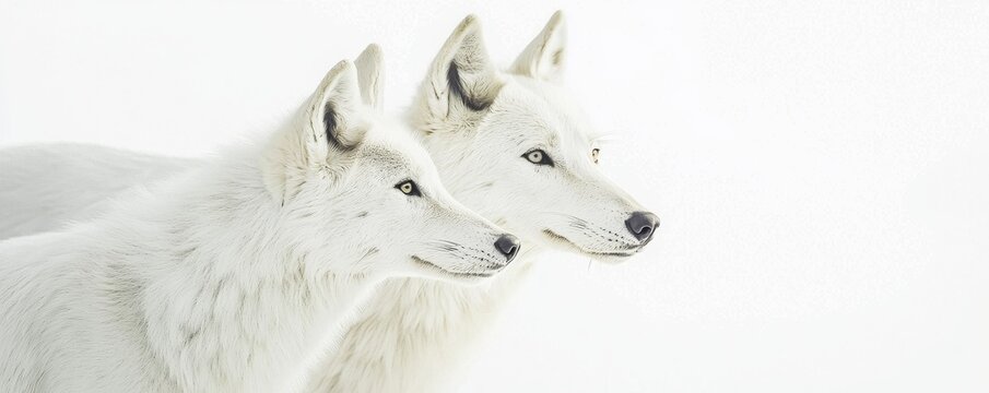 Two majestic white wolves in serene environment.