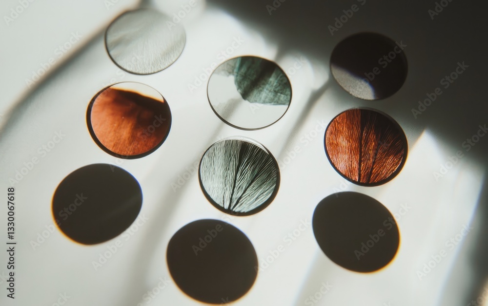 Poster colorful metallic circles with intricate patterns on white surface under soft lighting