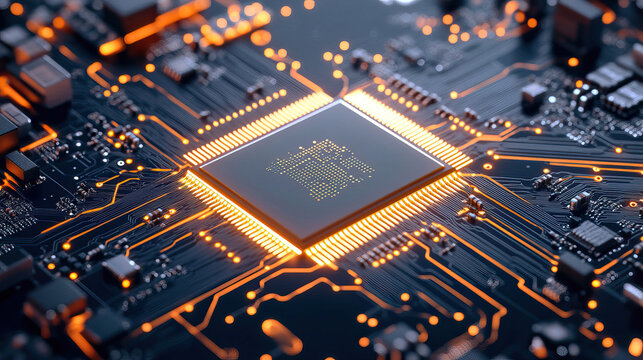 High tech circuit board with glowing microchip for technology and innovation concepts - Powered by Adobe