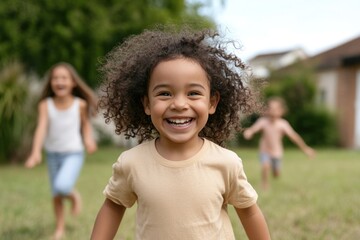 Family having a blast playing tag outside