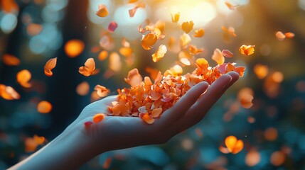 No person, hand holding overflowing petals, throwing forcefully into the air, petals scattering in the sky, drifting with the wind, cinematic quality, high-definition photography, dynamic movement, 