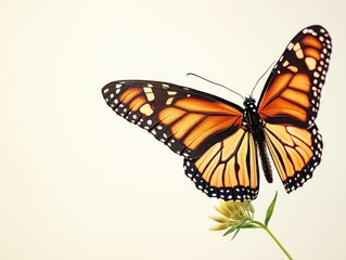Fototapeta premium A monarch butterfly with orange and black wings rests on a delicate flower against a soft white backdrop.