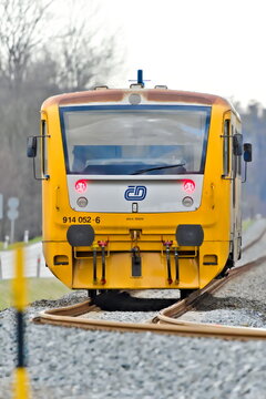 Regional local train of state-owned enterprise Ceske drahy or Czech Railways near to train station. Major railway operator in the Czech Republic.