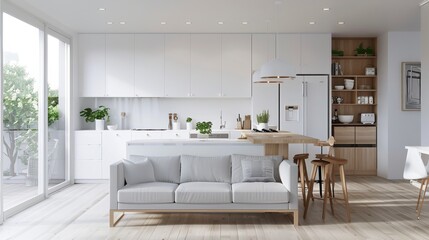 Fototapeta premium Bright Minimalist Living Room with White Sofa and Light Wood Accents