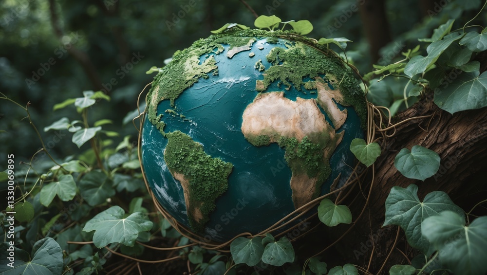 Poster earth globe covered in greenery and vines emphasizing environmental conservation in a lush forest se