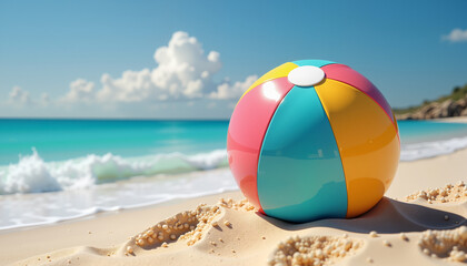 Obraz premium Kawaii-style colorful beach ball resting on sand by ocean waves, summer fun