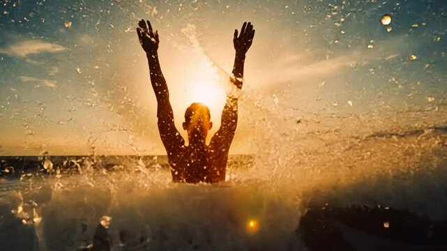 Springender Mann in Wasser mit goldener Beleuchtung